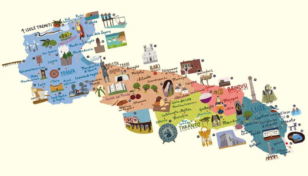 アトラクションやモニュメントのあるプーリアの地図
