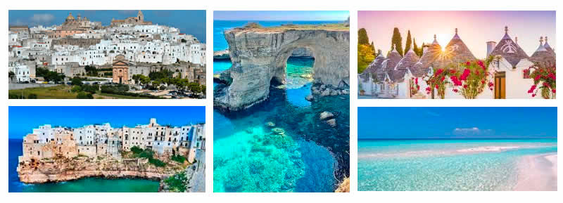 collage of the most beautiful places on the coast of the trulli