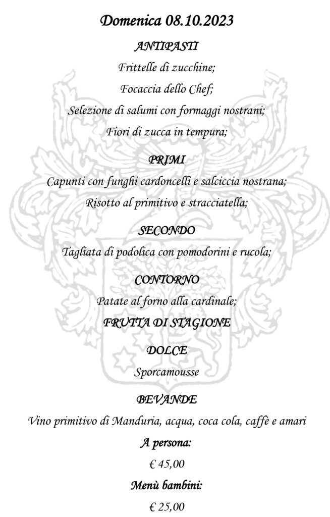 menu ristorante di domenica 8 ottobre 2023