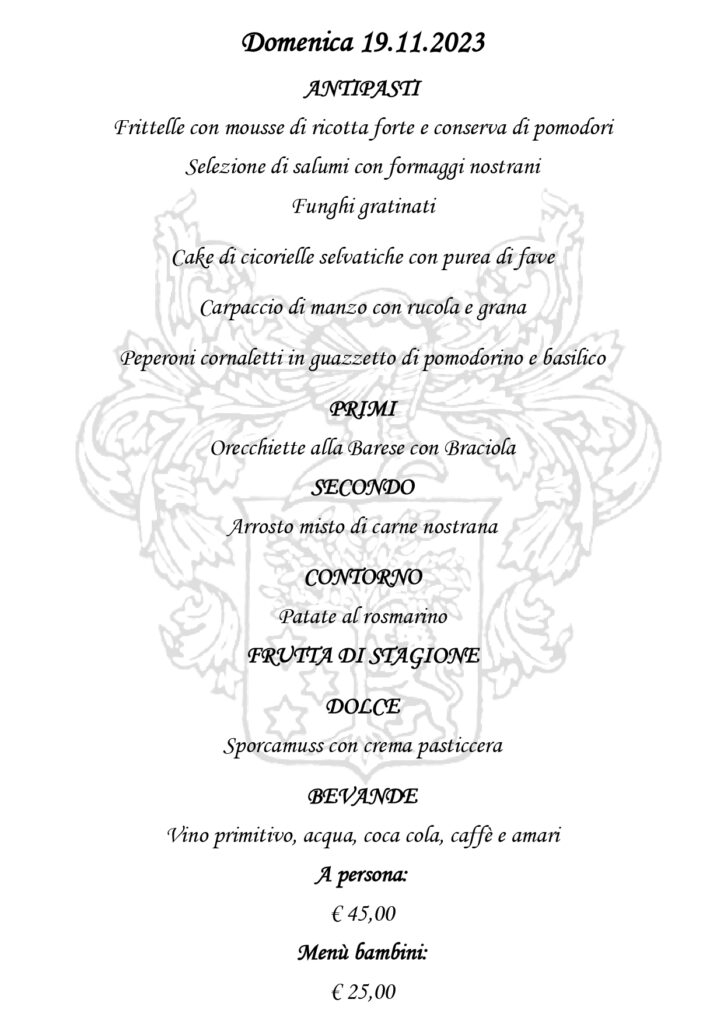 menu del ristorante domenica novembre 2023