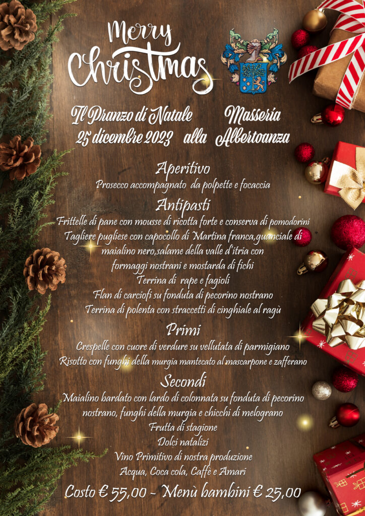 déjeuner à la ferme Alberatanza à Conversano le 25 décembre 2023 menu